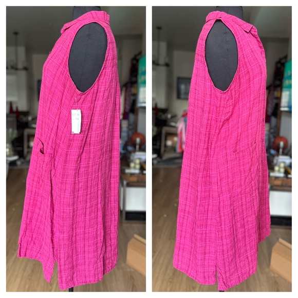 EILEEN FISHER Organic Linen Plaid Sleeveless Shift Dress Sangria L - Picture 3 of 8